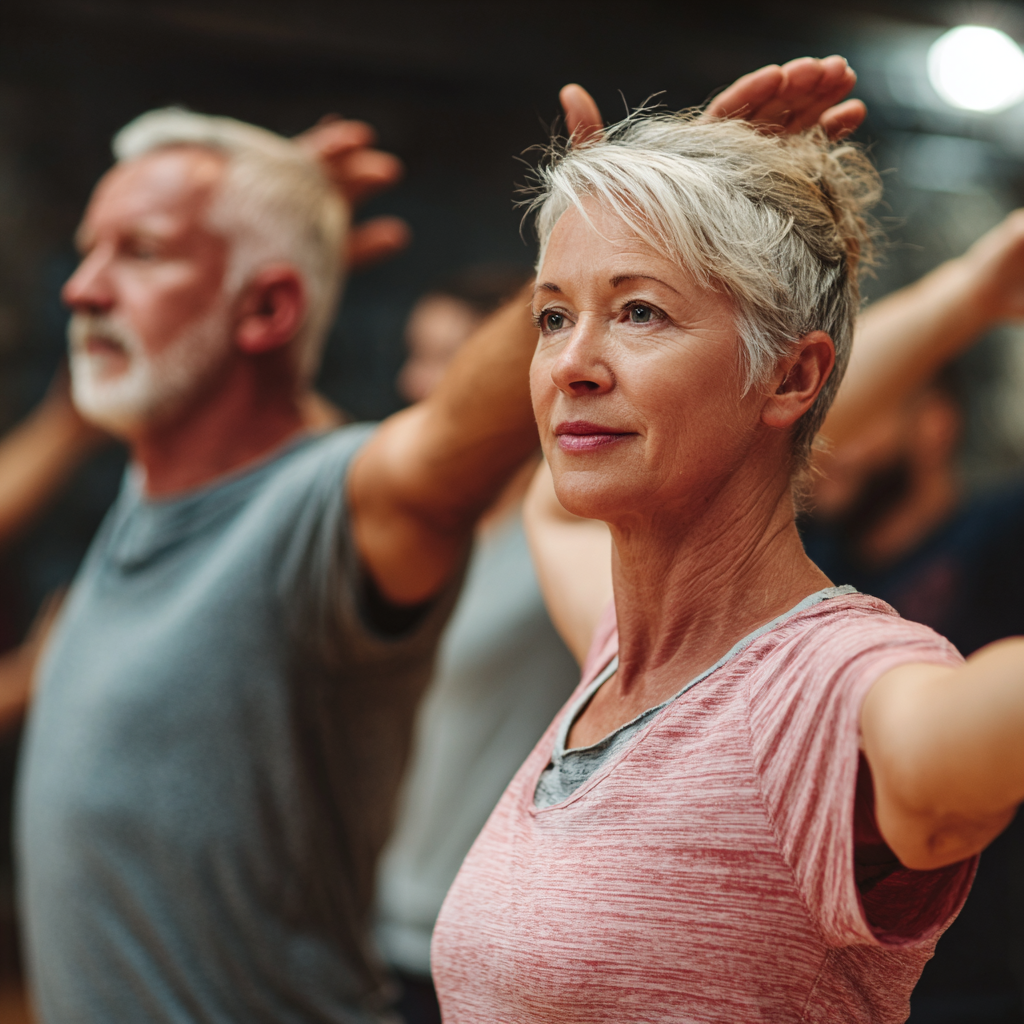 Middle-aged adults demonstrating improved mobility and strength through natural movement practices