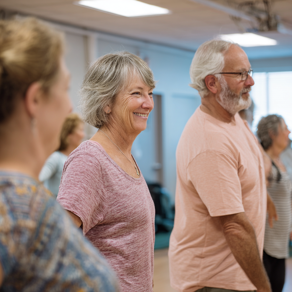 Older adults participating in adaptive movement therapy session with professional guidance