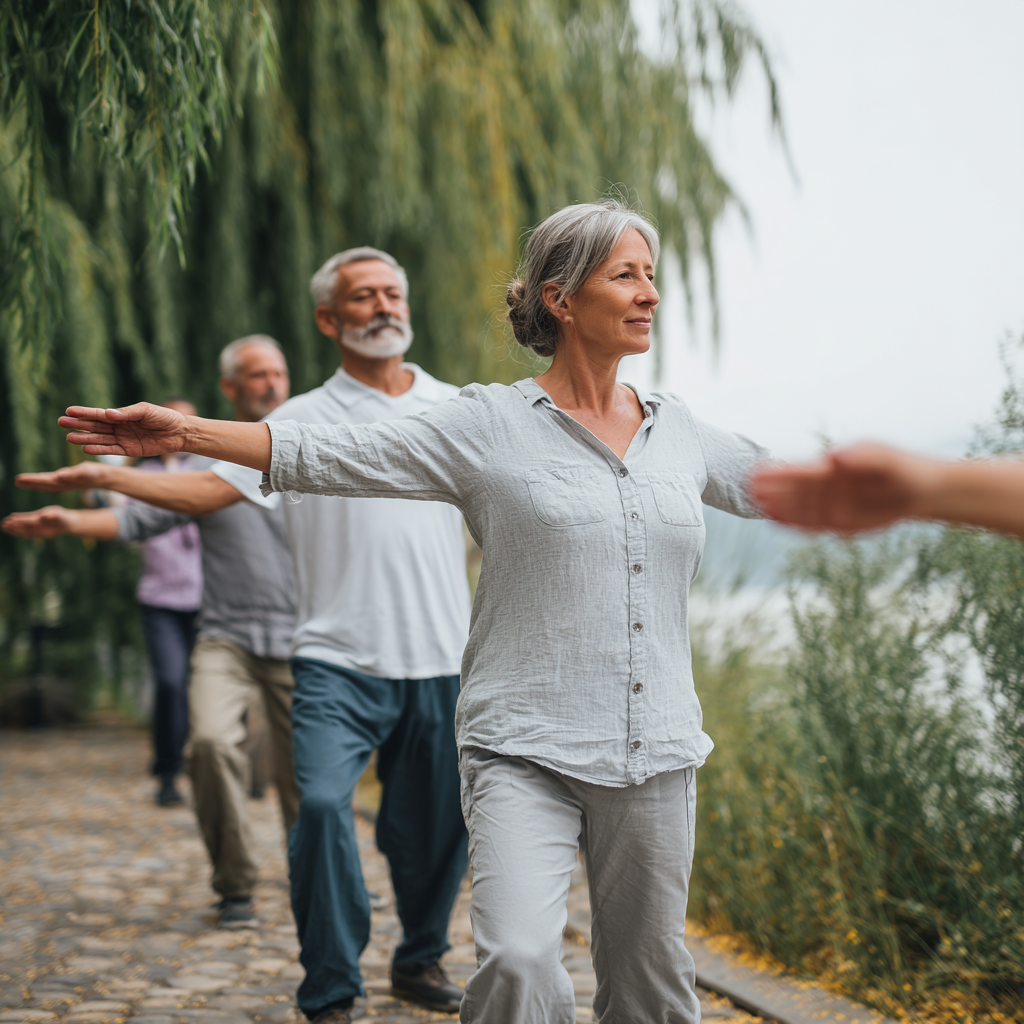 Middle-aged adults practicing gentle movement exercises in natural outdoor setting